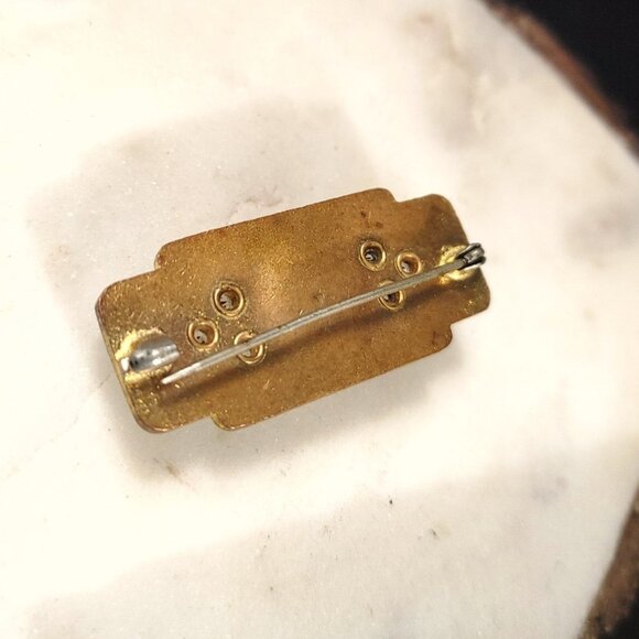 Vintage Art Deco Classic Clear Enamel Rhinestone Brooch Pin Green Black C Clasp - Picture 9 of 9